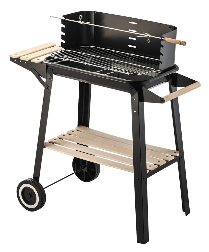 Lenoxx Charcoal Grill BBQ with Manual Rotisserie Stick on Trolley Stand BQ260